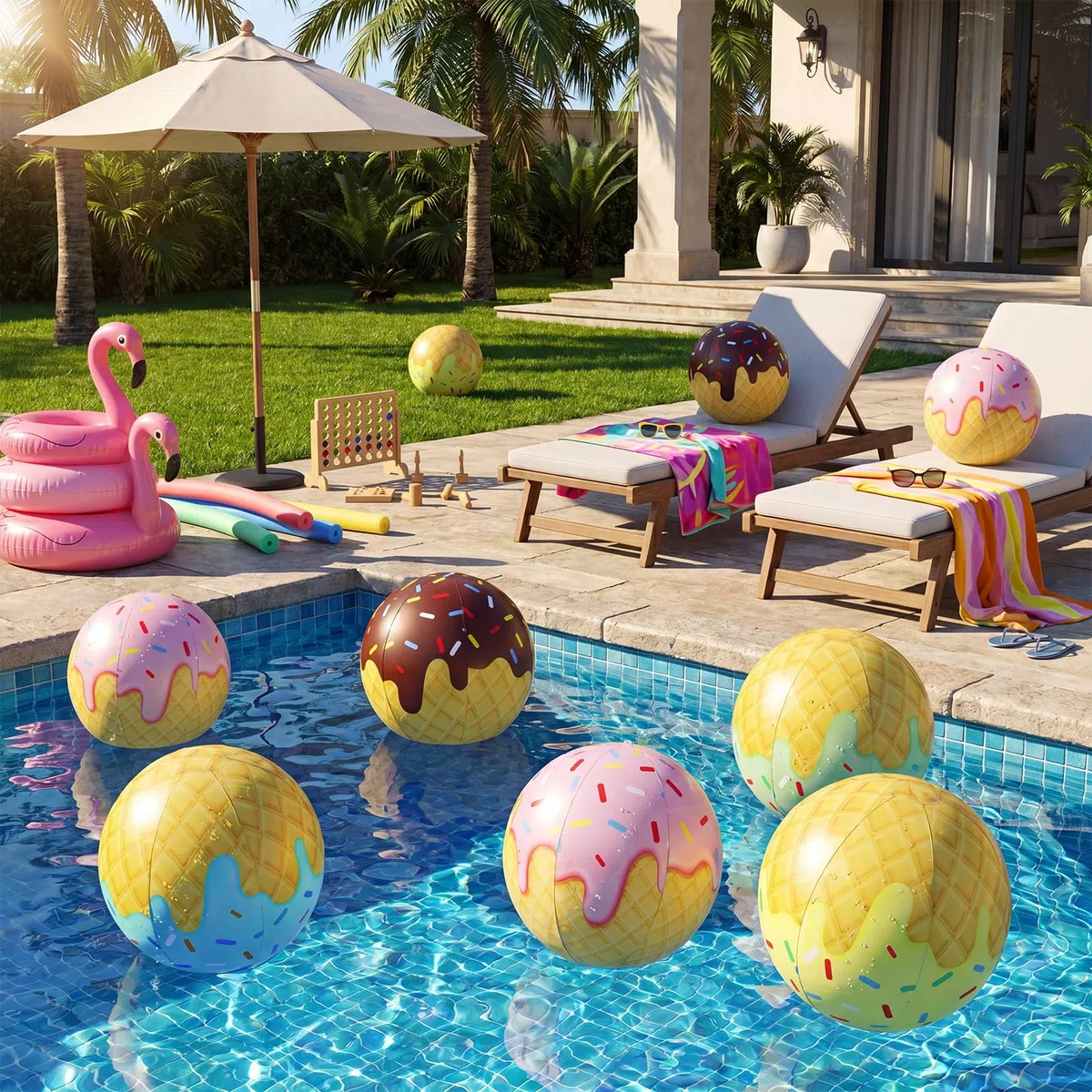 Lot de 10 balles de plage gonflables en vrac sur le thème de la crème glacée, jouets de piscine d'été pour fête d'anniversaire, jeux d'été, activités de piscine, cadeaux de fête