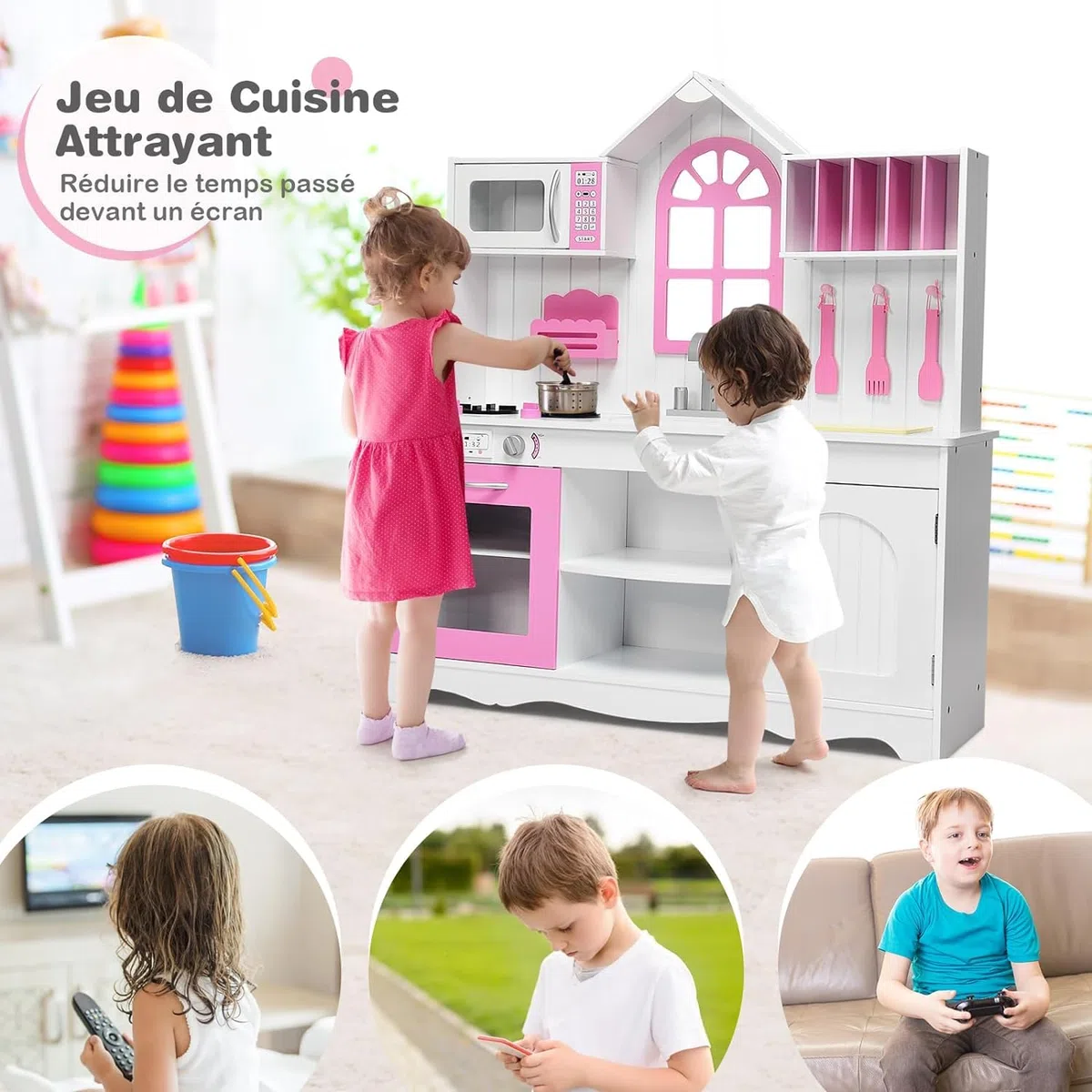 GOPLUS Cuisine en Bois Enfant, Jouet de Cuisine avec Four, Micro-Ondes et Cuisinière à Gaz, Ensemble de Jeu de Cuisine avec Accessoires Riches, Cadeau pour 3+ Ans, 106,5x32x109CM, Blanc et Rose