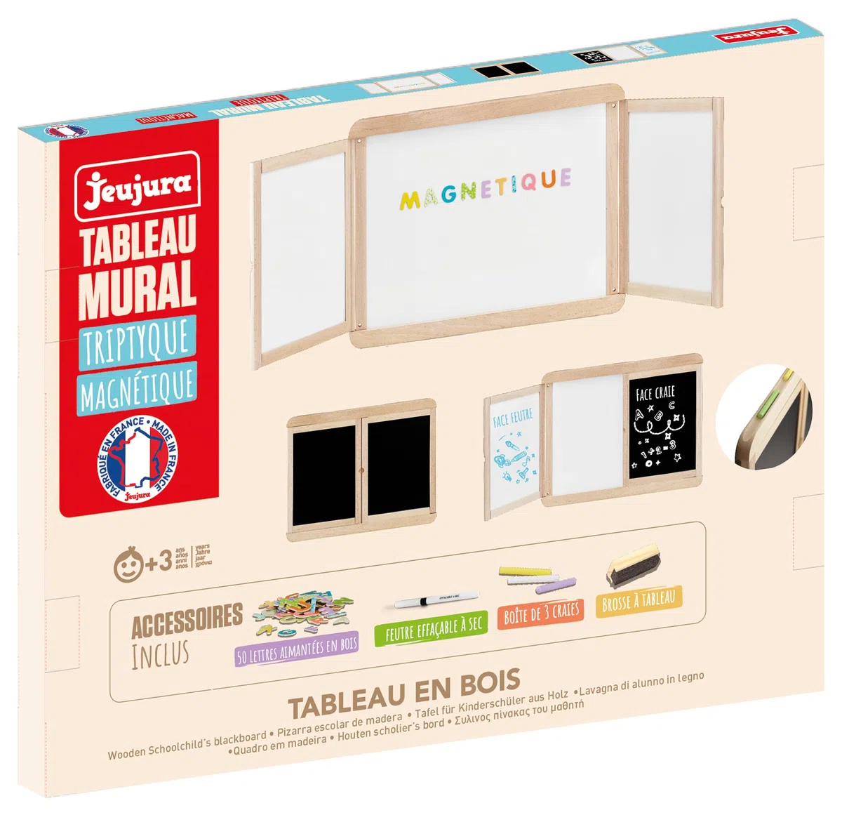 Jeujura - Tableau Mural Triptyque Magnétique - Ardoise Centrale Blanche Magnétique Deux Volets avec Face Blanche et Face Craie - Nombreux Accessoires - Made in France - À partir de 3 Ans - 8807