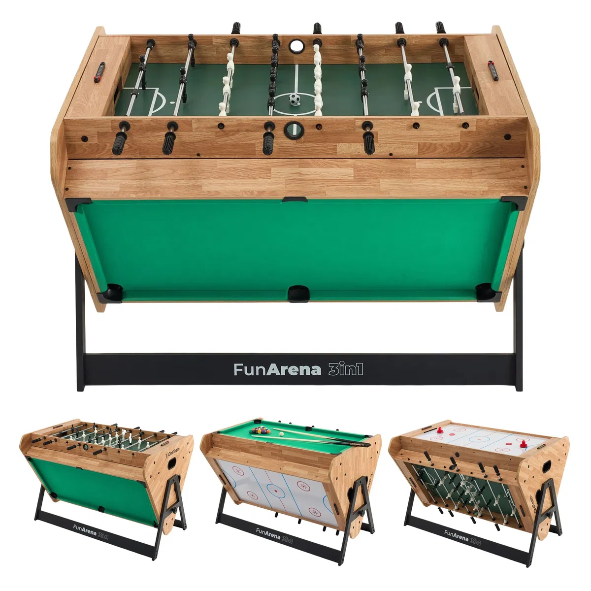 OneTeam FunArena 3en1 – Table de jeux : baby-foot, billard, air hockey ; multifonctionnelle, stable, compacte avec plateaux interchangeables, idéale pour la maison, les salles communes et les salles