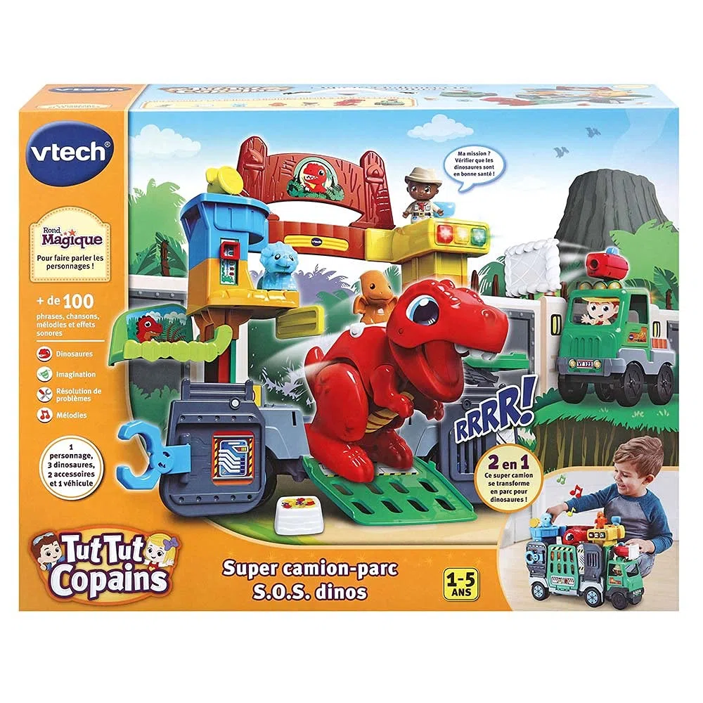VTech – Tut Tut Copains - Super Camion-Parc SOS Dinos, Jouet Dinosaure 2 en 1 – 1/5 Ans - Version FR 542105 Multicolore