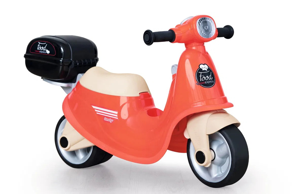Smoby - Porteur Scooter Food Express - Rouge - Roues Silencieuses - Porte-Bagage - Mallette Amovible - Coffre à Jouets, Phare, Clé Mécanique - Dès 18 Mois