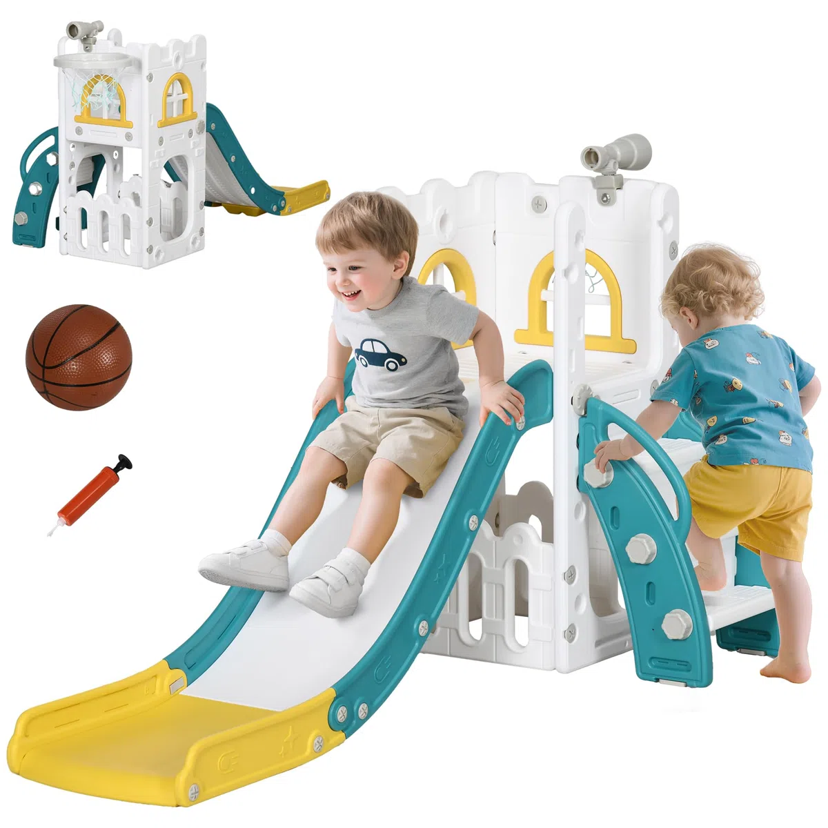 AIYAPLAY Toboggan pour Enfant 5 en 1 avec Panier de Basket Télescope Jaune | Espace de Rangement, Ballon, Escalade Antidérapante, Aire de Jeux Intérieur et Extérieur, pour Garçons et Filles 1-3 Ans