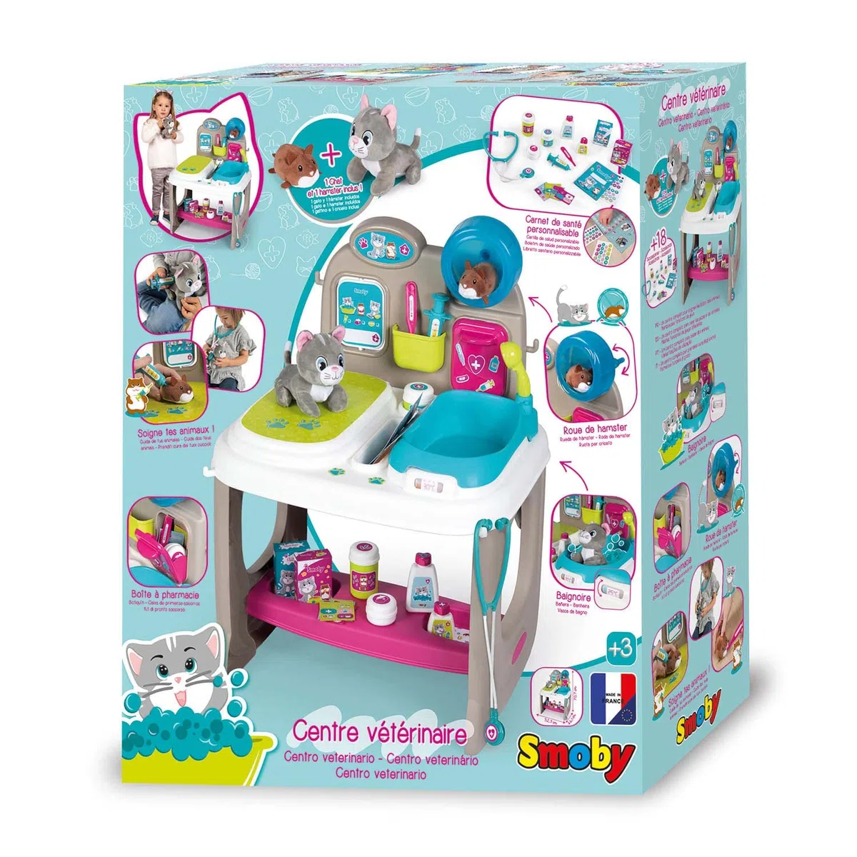 Smoby - Centre Vétérinaire - Clinique Animaux - Jouet pour Enfant - Peluches Chaton + Hamster Incluses - 18 Accessoires Médicaux - 340401