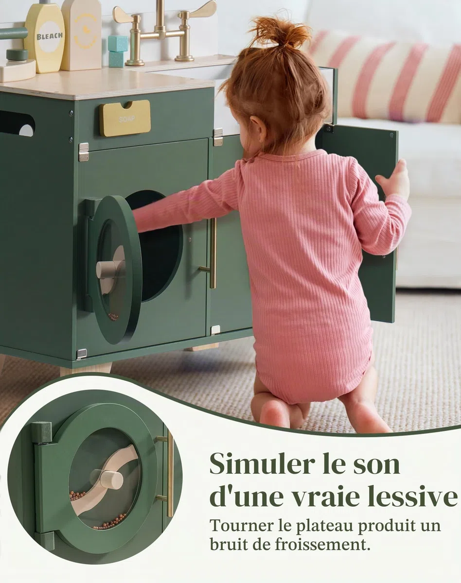 Robud Cuisine Enfant en Bois Accessoires - Machine a Laver Enfant Jouet - De Cuisine pour Enfants - Jeu De Rôle en Bois - avec Accessoires - Cadeau pour Enfants