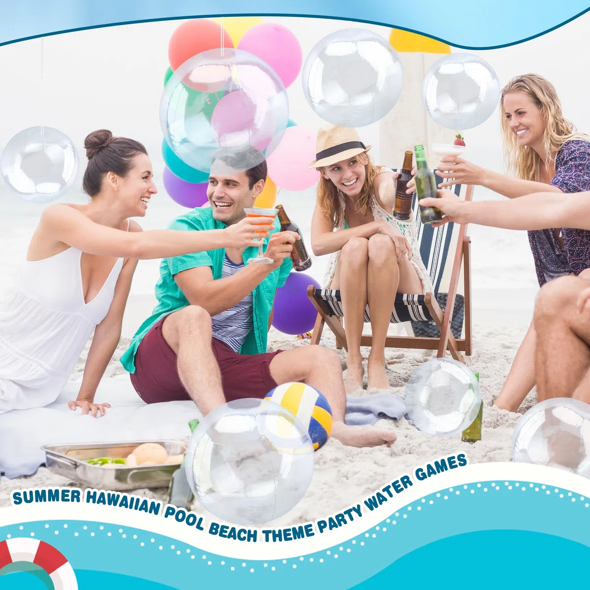 Lot de 30 balles de plage gonflables transparentes de 20,3 cm, 30,5 cm, 40,6 cm avec corde de suspension pour l'été, la piscine, les fêtes