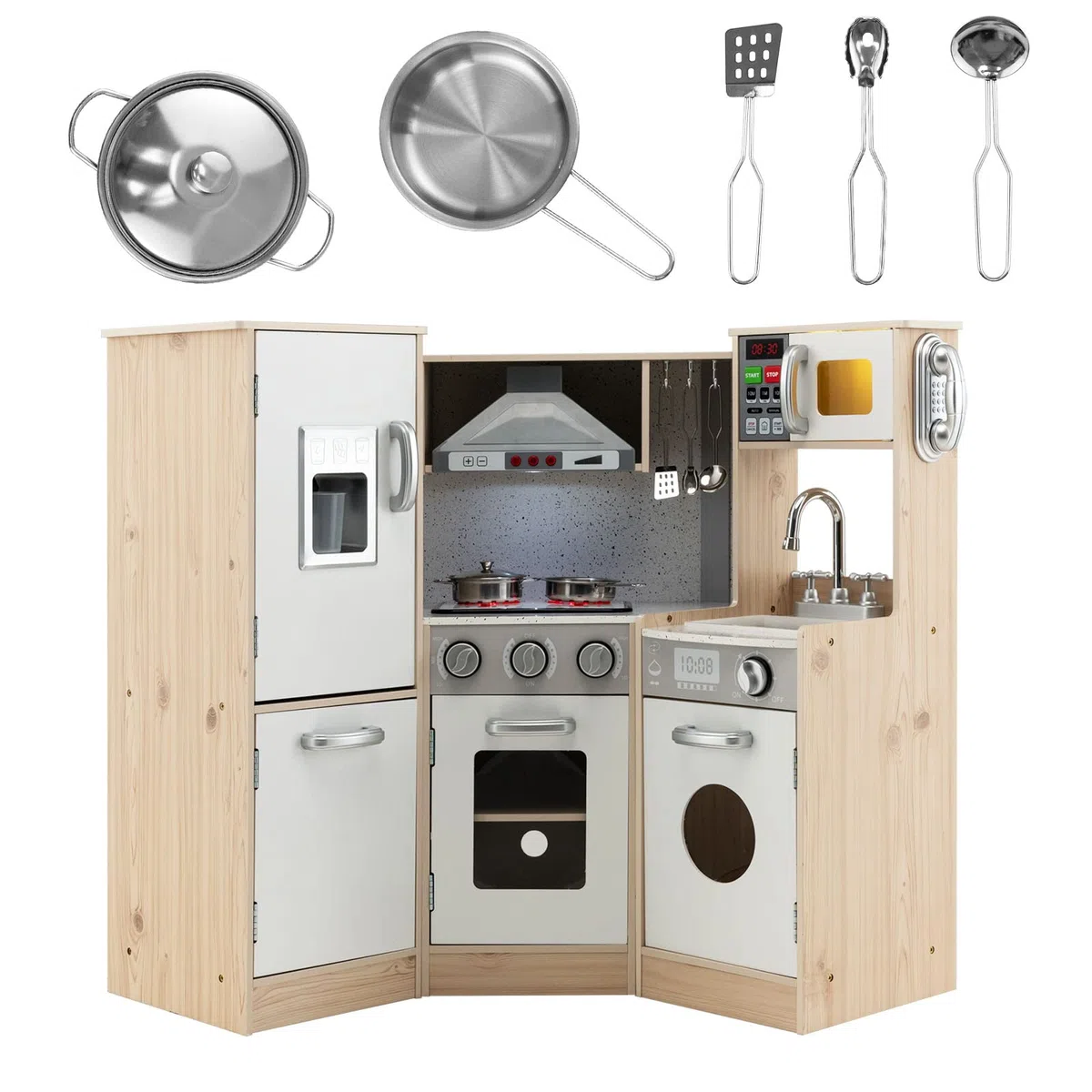 DREAMADE Cuisine Enfant de 3+ Ans, avec Micro-Ondes, Cuisinière, Téléphone, Cuisine en Bois avec 5 Accessoires, Équipé Sonore et Lumineuse, (Blanc + Naturel)
