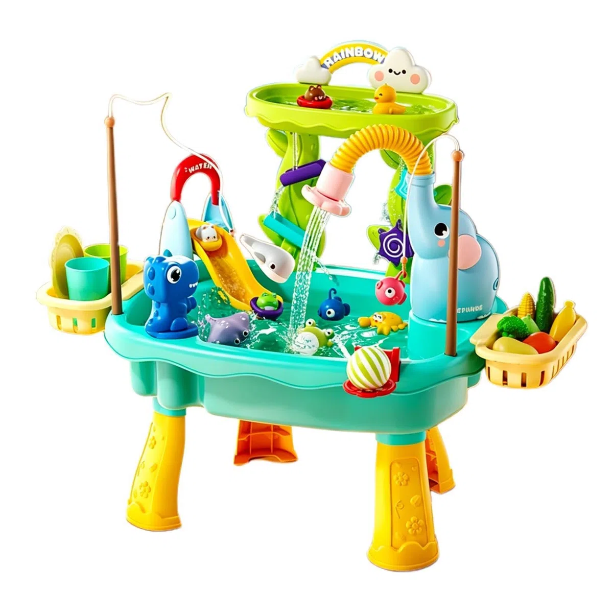 Table d'Eau Enfant Électrique avec Pompe, 4 en 1 Évier Jouet avec Eau Courante, Table d'Activité Sable et Eau avec Jeu de Pêche et Accessoires, Jouet Extérieur pour Fille Garçon 1-8 Ans, 60x43x48cm