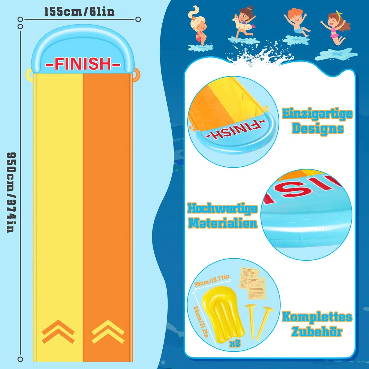 BuzzoXerex 31,16ft/950cm Toboggan Aquatique, 1.55m Toboggan pour Pelouse Double Toboggan à Eau avec 2 Planches Gonflables pour Pelouse et Jeux d'eau en Extérieur