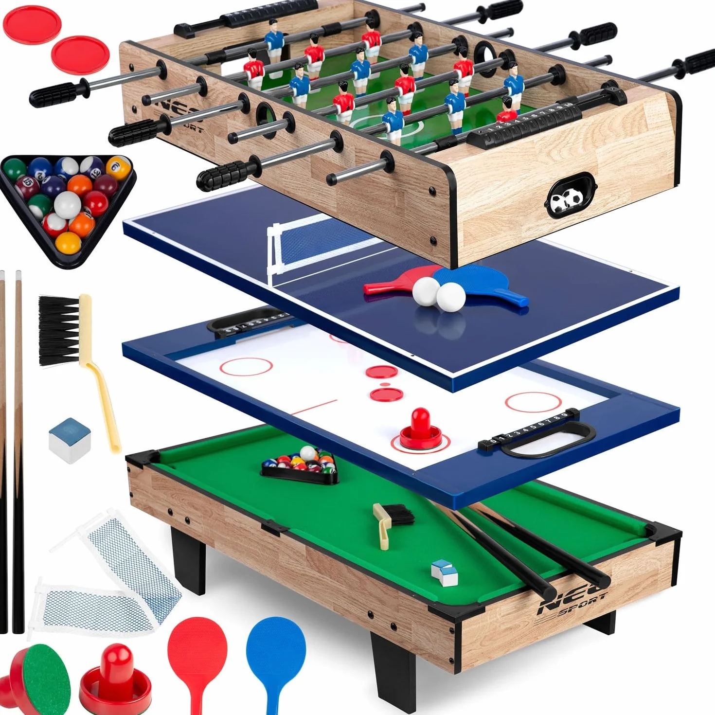 Neo-Sport Table de Jeu 4 en 1, Jeux de Baby-Foot, Hockey sur air, Billard, ping-Pong, 43 x 82 x 32 cm