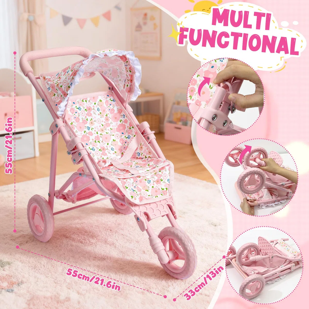 G.C Poussette Bebe Jouet Fille 3 4 5 6 Ans, Poupée Chiffon avec 55 cm Poussette Poupee Réglable Pliable Pare-Soleil Sac de Rangement, Poussette Poupon Jeu de Role Jouet Cadeau Noël Enfant Fille