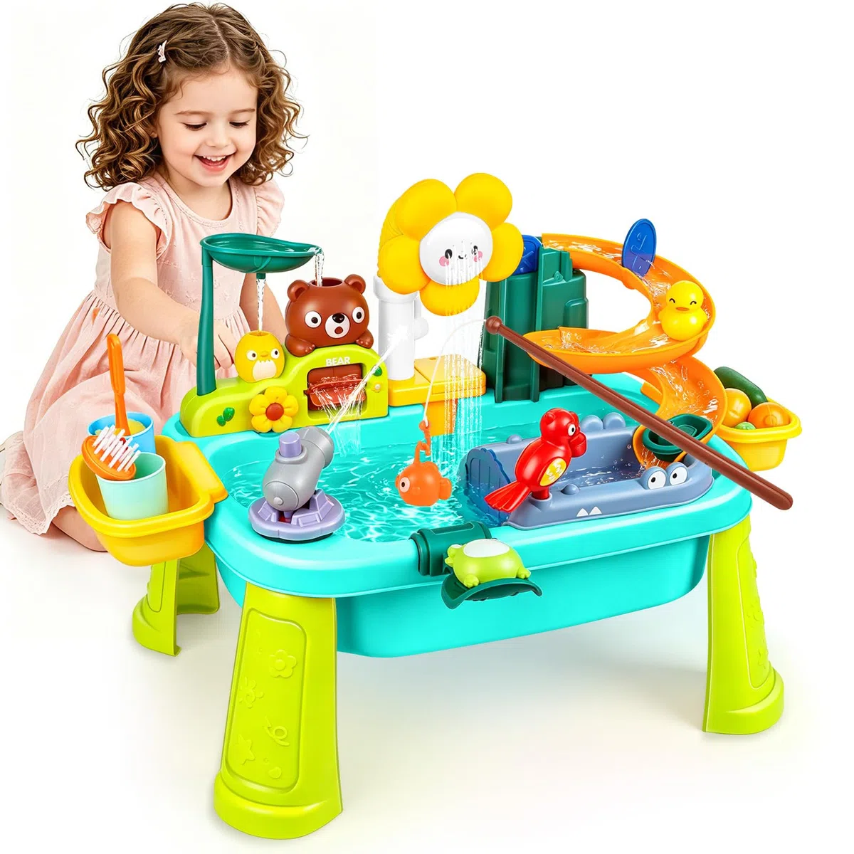 Jouet D'évier de Cuisine, Table Eau Enfant Exterieur, Jeu d'eau Enfant avec Circuit Eau, Évier Jouet avec Robinet Électrique Légumes et Jouets de Pêche pour Garçons et Filles 3+ Ans (Bleu)