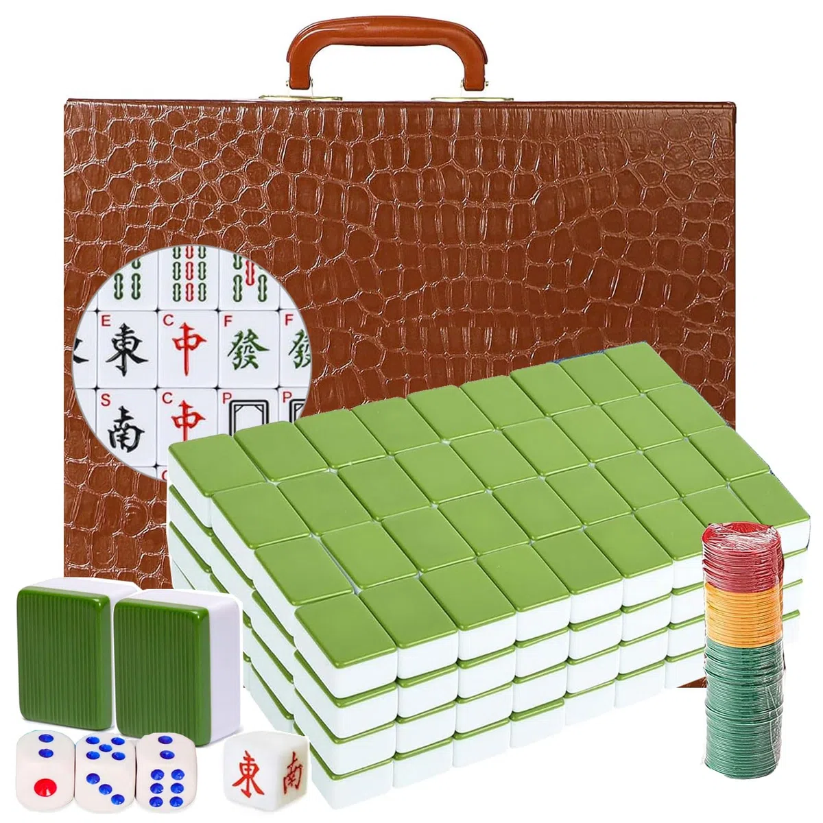 Ensemble de Mahjong Chinois avec étui de Transport, 3,8 cm de Large 144 + 2 Carreaux avec Chiffres Arabes, 2 dés et Un indicateur de Vent
