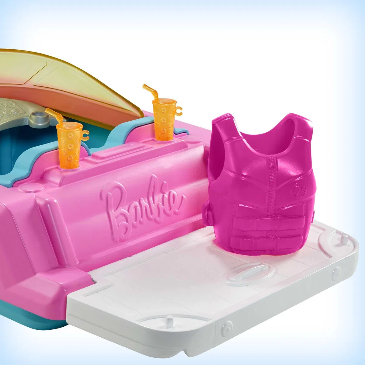 Barbie Mobilier Bateau pouvant Transporter 3 poupées avec Gilet de Sauvetage, Figurine Chiot et 2 Verres, Jouet pour Enfant, GRG29