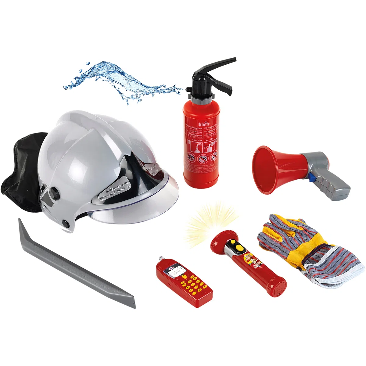 Klein 8928 Set de pompier | Avec 7 accessoires dont un casque, une lampe-torche électronique et beaucoup d’autres choses | Extincteur avec fonction pulvérisation | Dès 3 ans