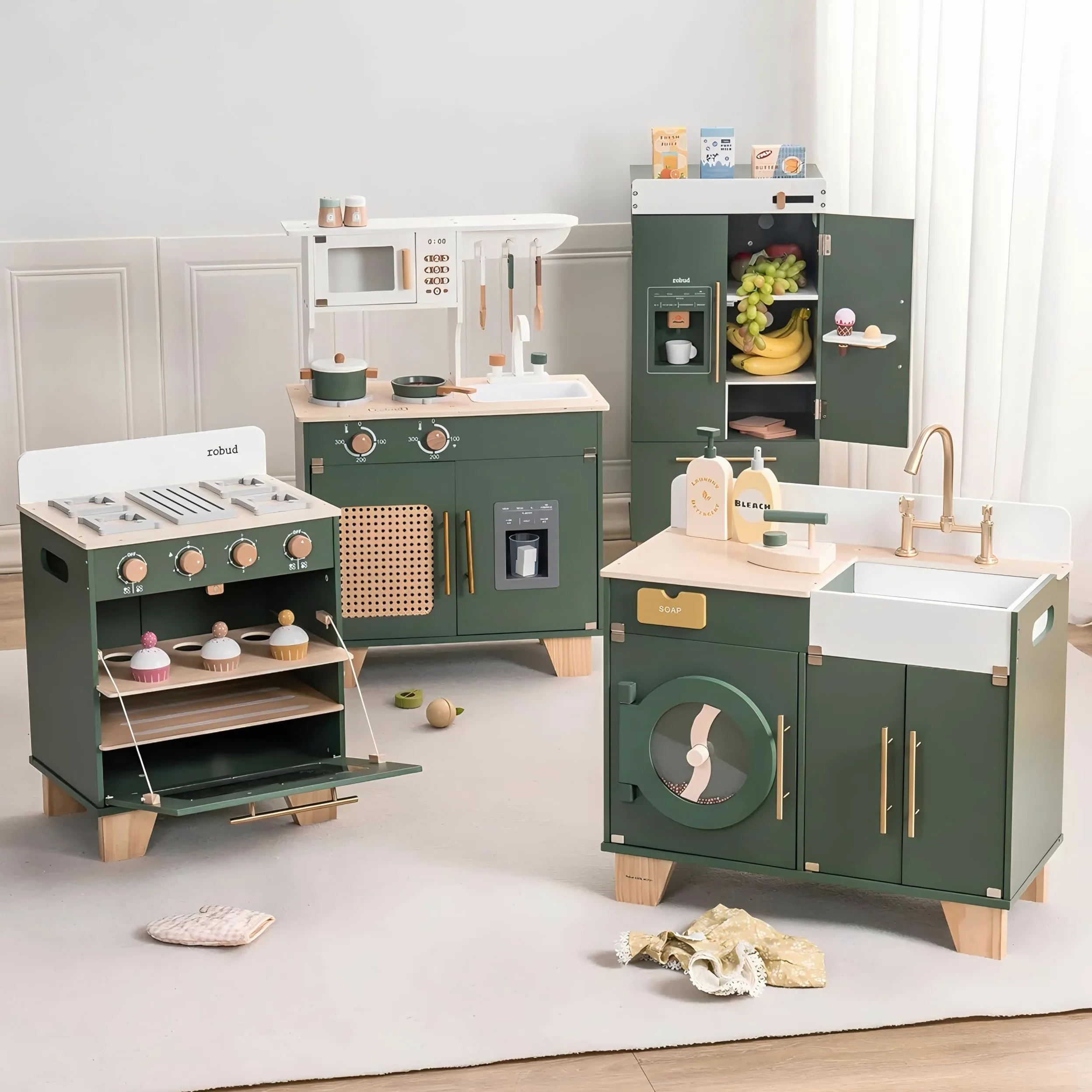 Robud Cuisine Enfant en Bois Accessoires - Machine a Laver Enfant Jouet - De Cuisine pour Enfants - Jeu De Rôle en Bois - avec Accessoires - Cadeau pour Enfants