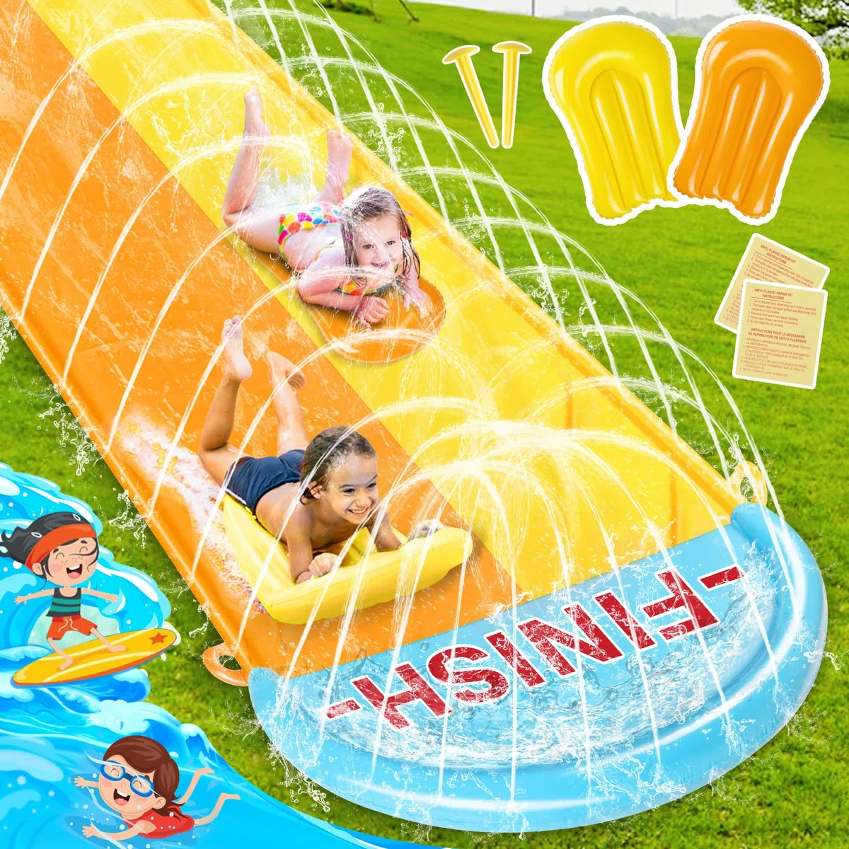 BuzzoXerex 31,16ft/950cm Toboggan Aquatique, 1.55m Toboggan pour Pelouse Double Toboggan à Eau avec 2 Planches Gonflables pour Pelouse et Jeux d'eau en Extérieur