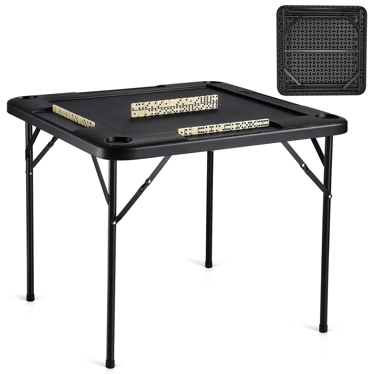 VEVOR Table de Mahjong Pliante Carrée pour 4 Joueurs, Table de Jeu de Cartes avec 4 Porte-gobelets et 4 Plateaux à Jetons, Jeu de Dominos Portable, pour Puzzle Poker Mah-Jong, 90 x 90 x 74 cm, Noir