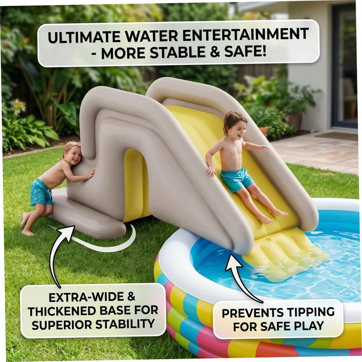 Toboggan de piscine gonflable, toboggan de piscine, ponton gonflable avec large base d'eau – Installation facile en PVC intérieur/extérieur pour enfants et adultes (kaki, comprend une pompe à pied)