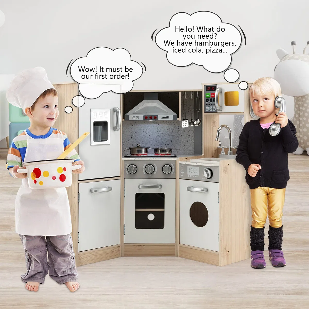 HOMASIS Cuisine pour Enfants en Bois avec Lumière et Son - Set de Jeu avec Lavabo, Cuisinière, Four et Accessoires - Cuisine d'Angle