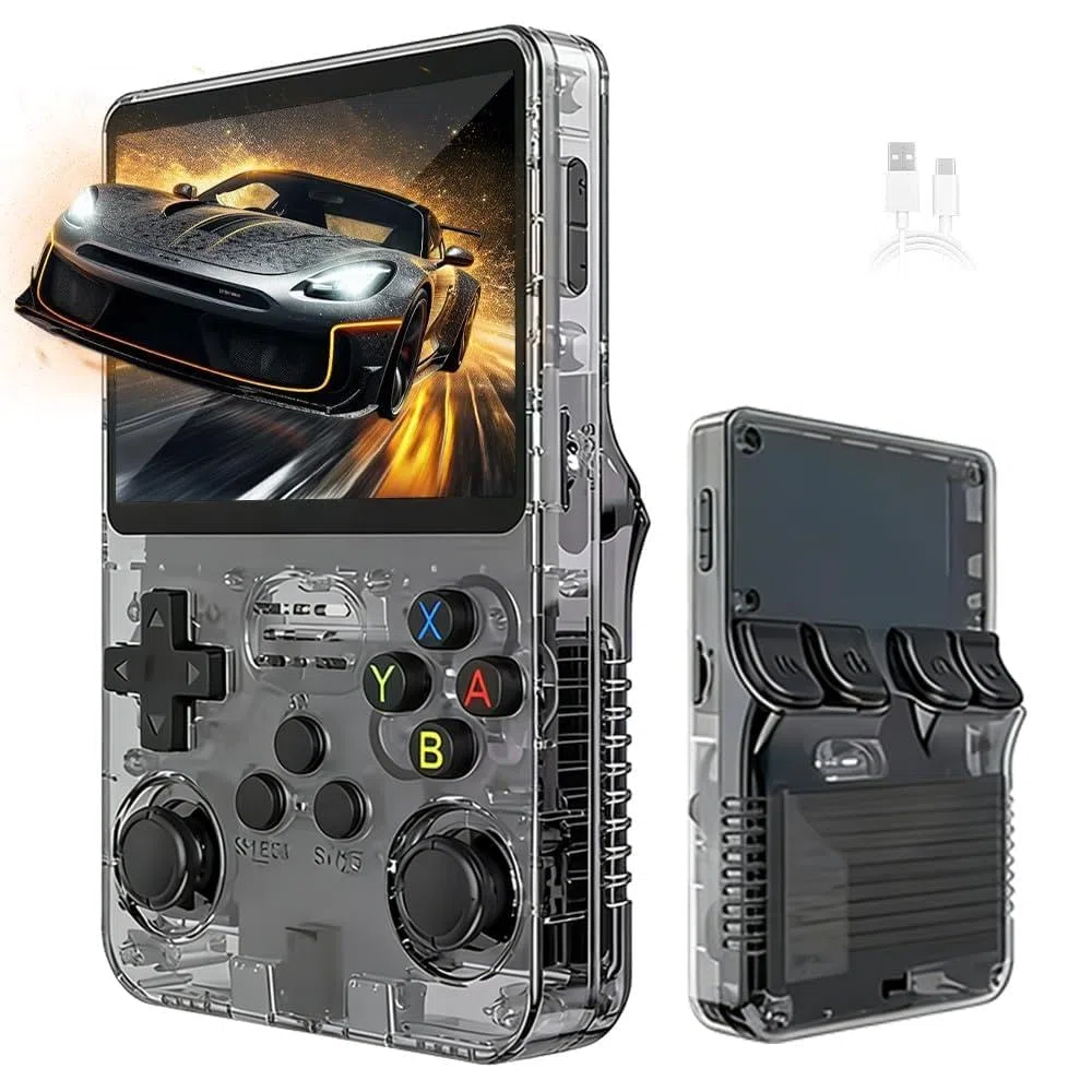 R36s Console de jeu portable, rétro, avec écran de 3,5 ", carte TF de 64 Go et plus de 15 000 jeux classiques, portable, noire