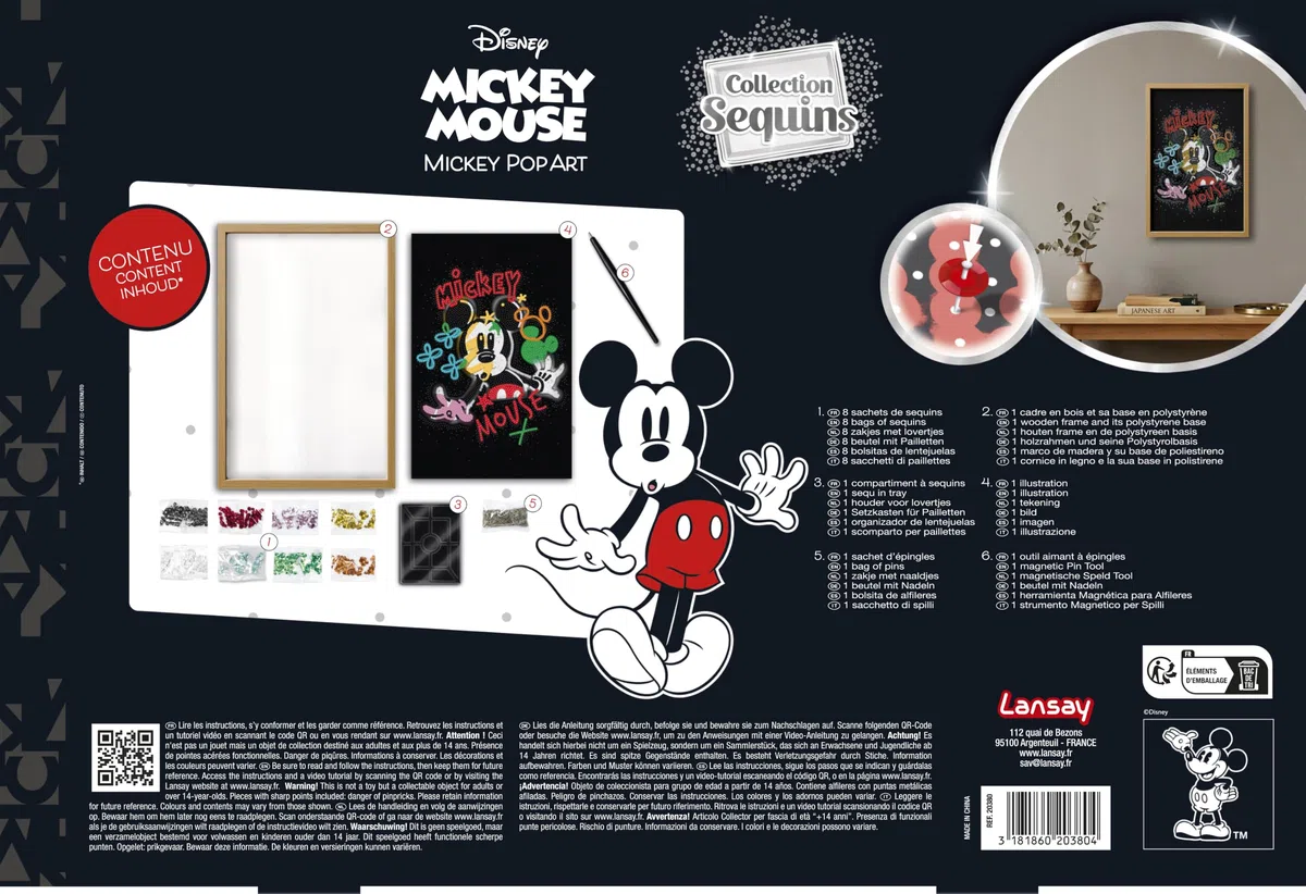 Lansay - Sequins XXL Disney Mickey Pop Art - Cadre en Bois - Dès 14 Ans