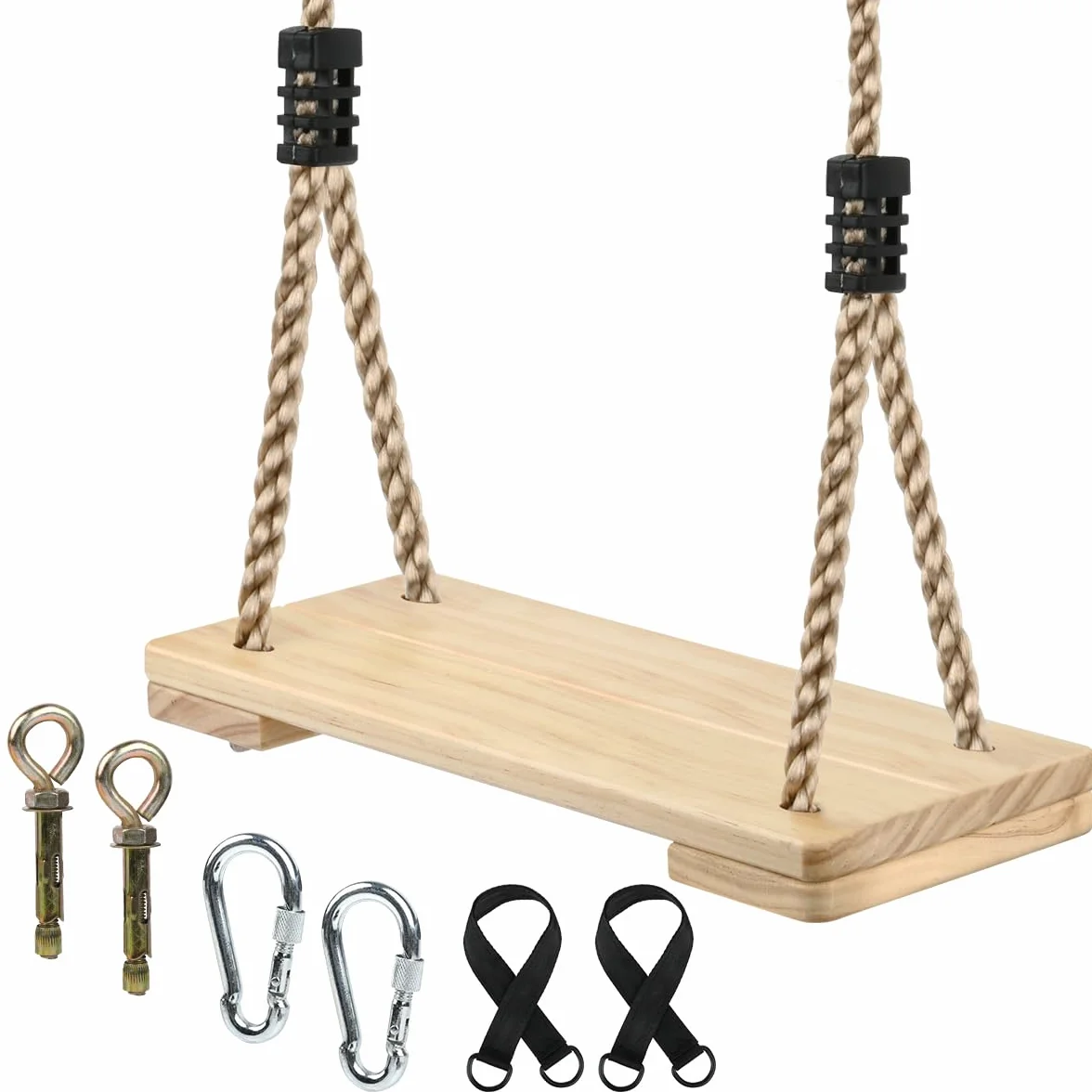 Balancoire Bois, Balancoire Exterieur Bois, Escarpolette Enfant, Balançoire Adulte avec Corde de Chanvre Réglable, Siège Balançoire, Escarpolette pour Arbre - Charge Max 200kg