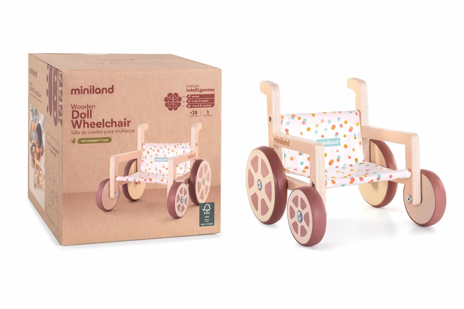 Miniland Fauteuil Roulant en matériaux écologiques pour poupées jusqu'à 38 centimètres. Inclusion.
