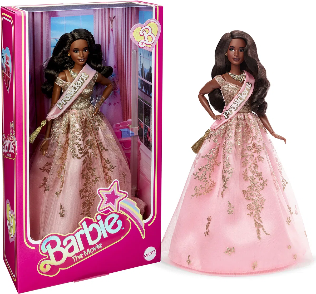 Barbie Le Film Poupée Présidente Articulée avec Robe Brillante Rose Et Dorée Et Écharpe De Fonction, À Collectionner, Jouet Enfant, HPK05