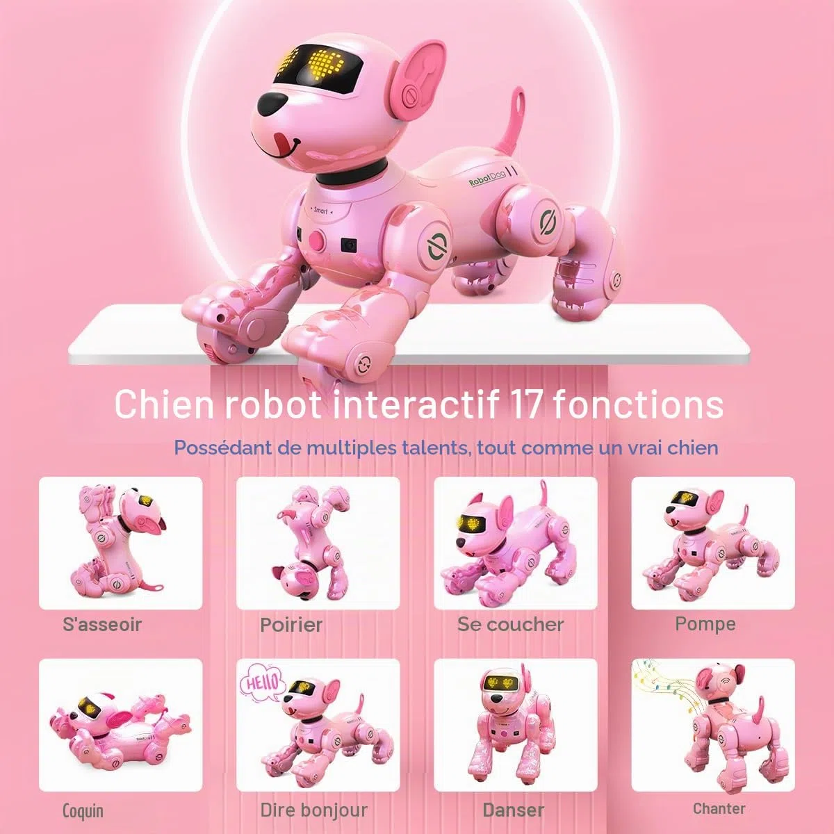 VATOS Chien Robot Rechargeable pour Enfants, Chien Robotisé Télécommandé, Programmable, 17 Fonctions Interactives et Volume Réglable, Jouet Robot Chiot Chantant et Dansant Cadeau pour Enfants, Rose