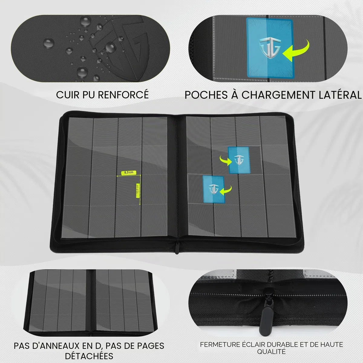 TCGUARD Album de Cartes à Collectionner à 16 Compartiments avec Fermeture Éclair pour Plus de 1000 Cartes, Grand Classeur, Poches de Chargement Latérales Sécurisées, Compatible avec MTG, Noir