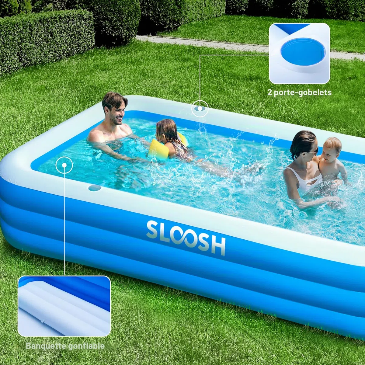 Sloosh Piscine Gonflable avec Sièges, 304,8 x 182,8 x 55,8 cm, Piscine Familiale Hors-Sol, Épaissie et Durable, Idéale pour Les Fêtes Aquatiques d'Été dans Le Jardin, la Cour ou la Pelouse, Bleu