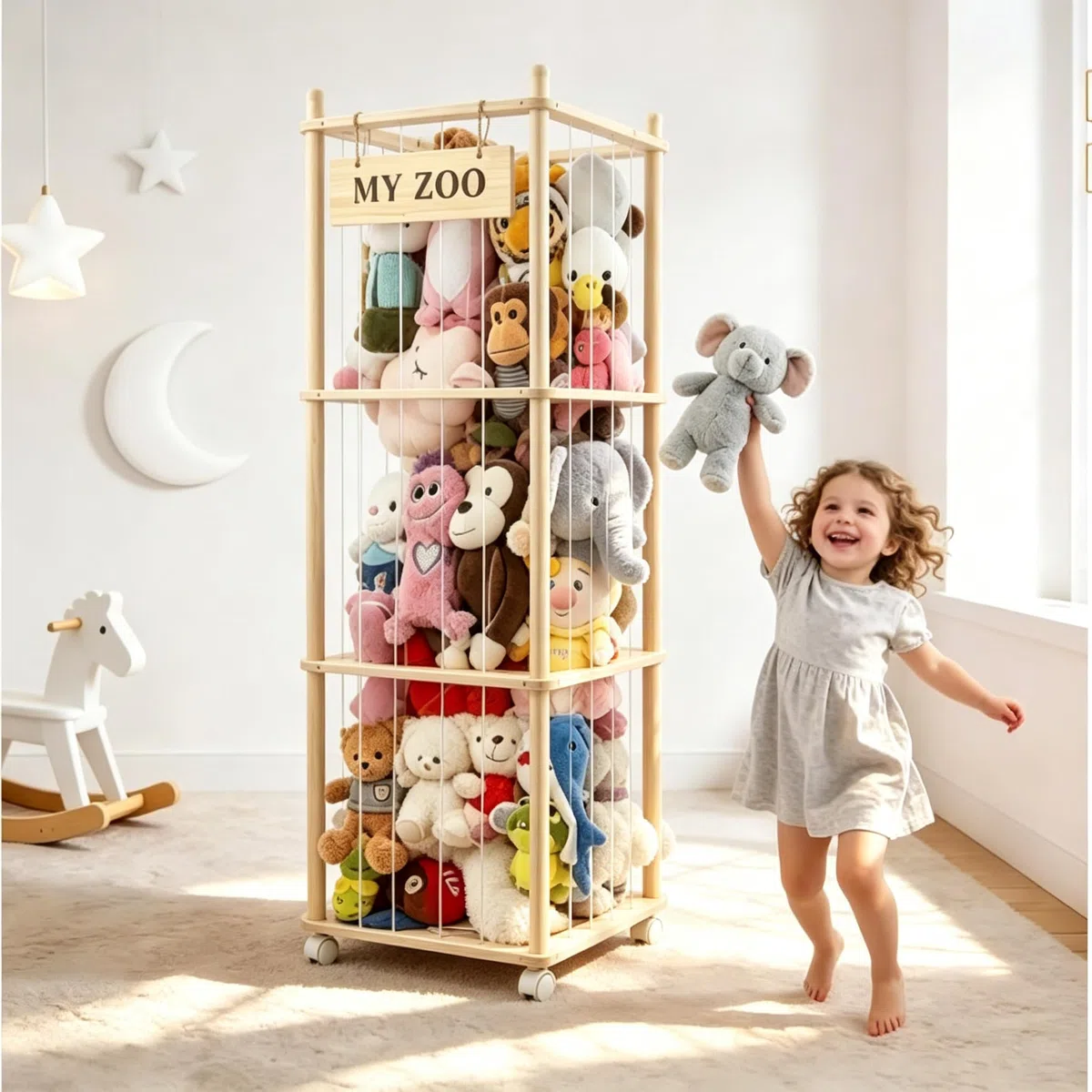 Rangement Peluche, Rangement Peluche Chambre Enfant De Freins 360° Grande Capacité, Range Peluche, économiser de L'espace, pour Salle de Jeux, Crèche, Chambre à Coucher, Chambre, 137 X 41 X 41 CM