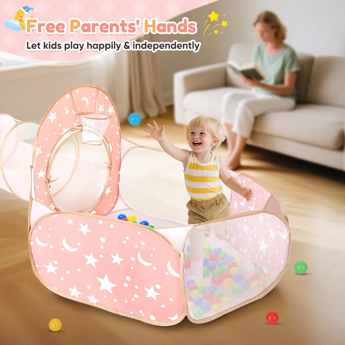 Tente de Jeu 3 en 1 pour Enfants avec Tunnel et Piscine à balles, maisonnette de Jeu château escamotable pour intérieur et extérieur, Vide sanitaire Pliable avec Panier de Basket