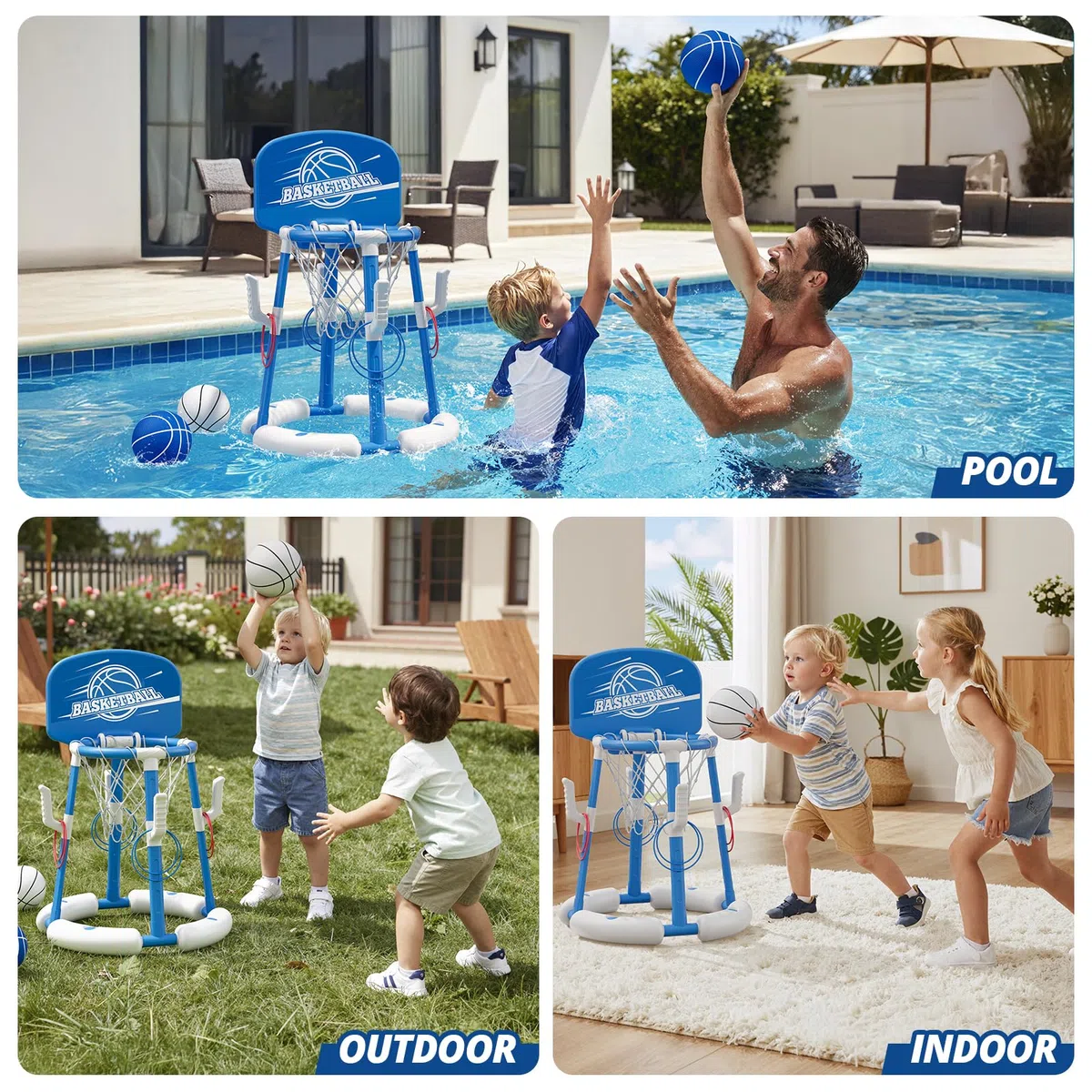 HYES Panier de Basket Flottant pour Piscine, Pool Basketball Hoop, Jouets de Piscine avec 4 Boules 8 Anneaux, Jeu de Basket d'eau en Plein air Intérieur pour Garçons Filles Enfants Adulte, Bleu