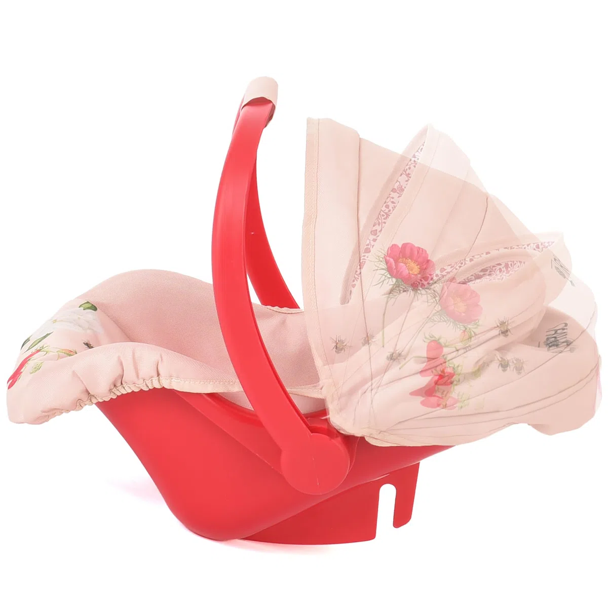 Siège Auto pour poupée Roms RHS Flora, Rouge Framboise et crème, Convient aux poupées jusqu'à 45 cm, rembourré avec imprimé Floral, Capote rétractable, Cadeau de Noël, à partir de 3 Ans