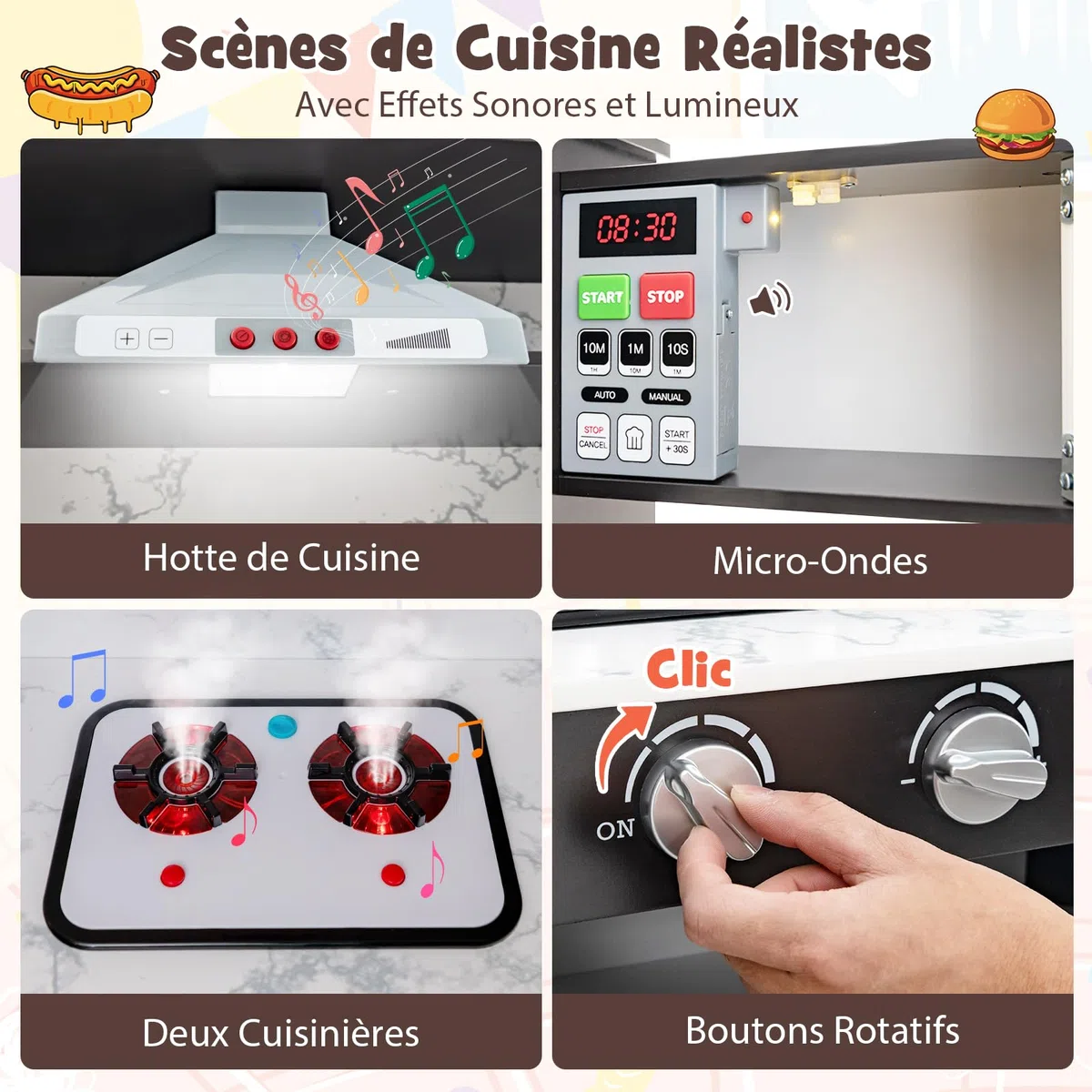 GOPLUS Cuisine en Bois Enfant, Cuisine d'angle avec Tableau Noir, Hotte, Micro-Ondes, Four, Effets Lumineux et Sonores, Accessoires Riches, Jouet d'Imitation pour Enfant 3+ Ans (Café)