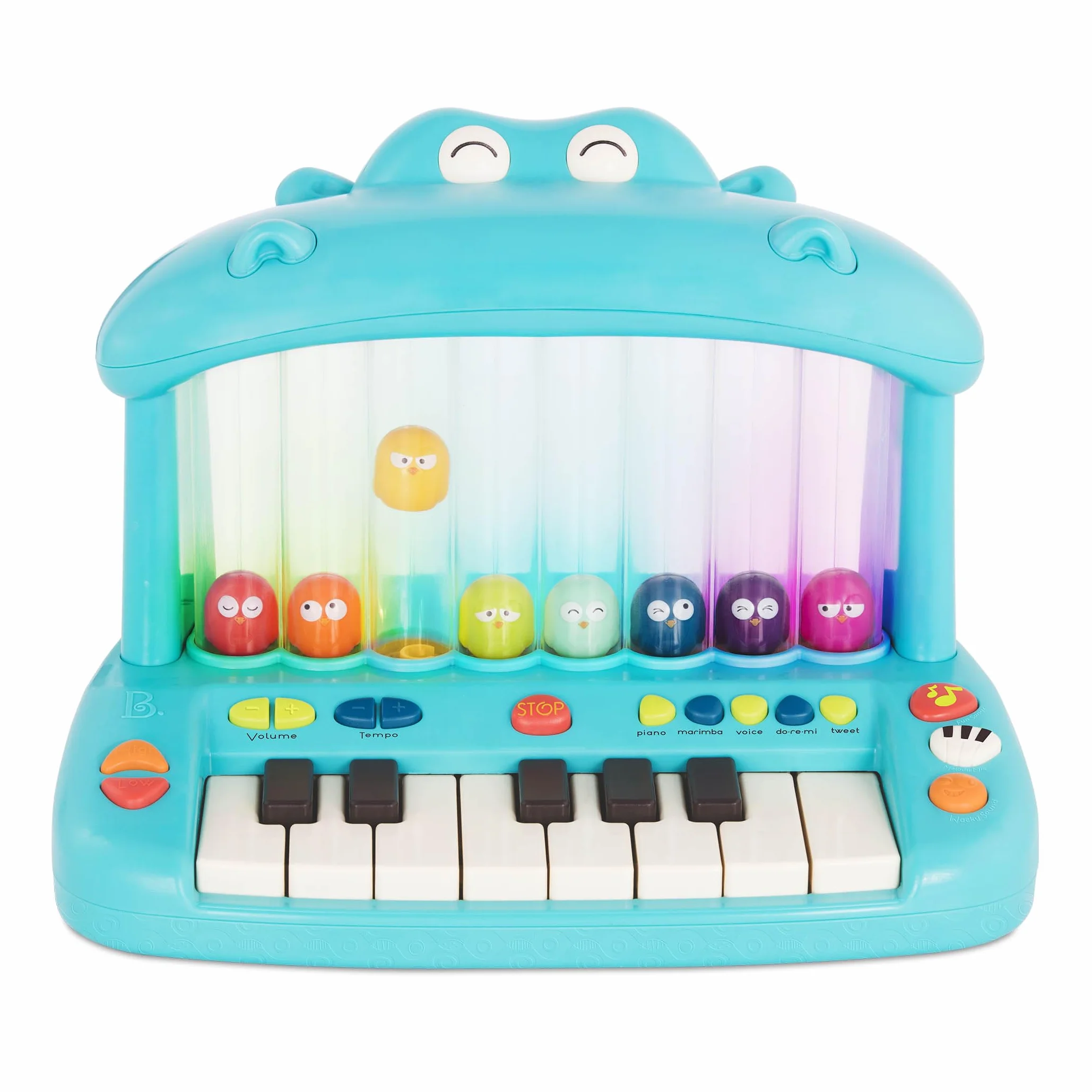 B. toys Hippo Pop Clavier Jouet Lumineux Piano à Oiseaux bondissants | Piano jouet avec 8 touches, 15 chansons, 6 comptines, 26 sons, 5 modes musicaux et réglage du tempo, Lot de 1, 1 ans et +