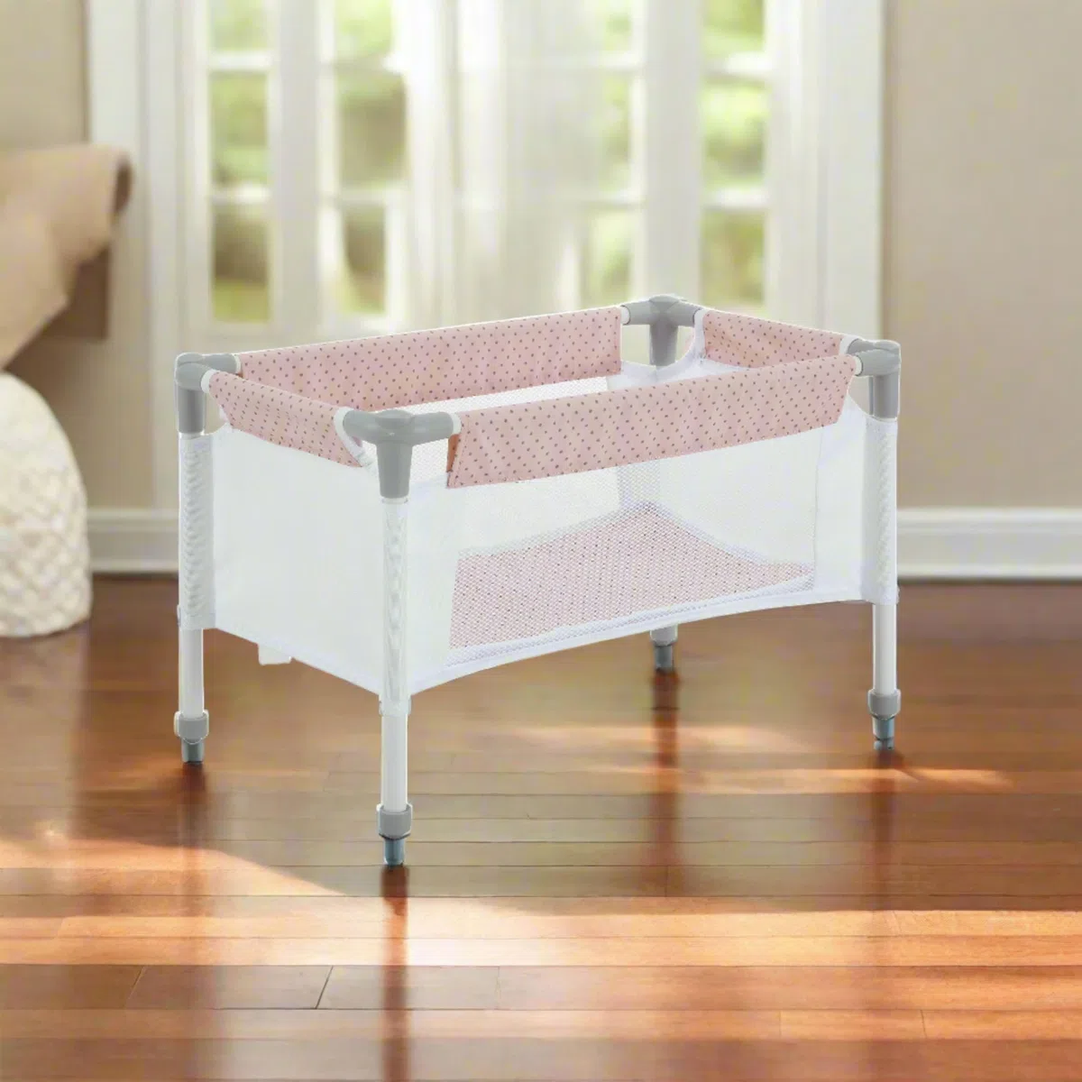 Olivia's Little World Station de Nurserie 3pcs Lit Bebe Chaise Haute et Poussette Rose Gris
