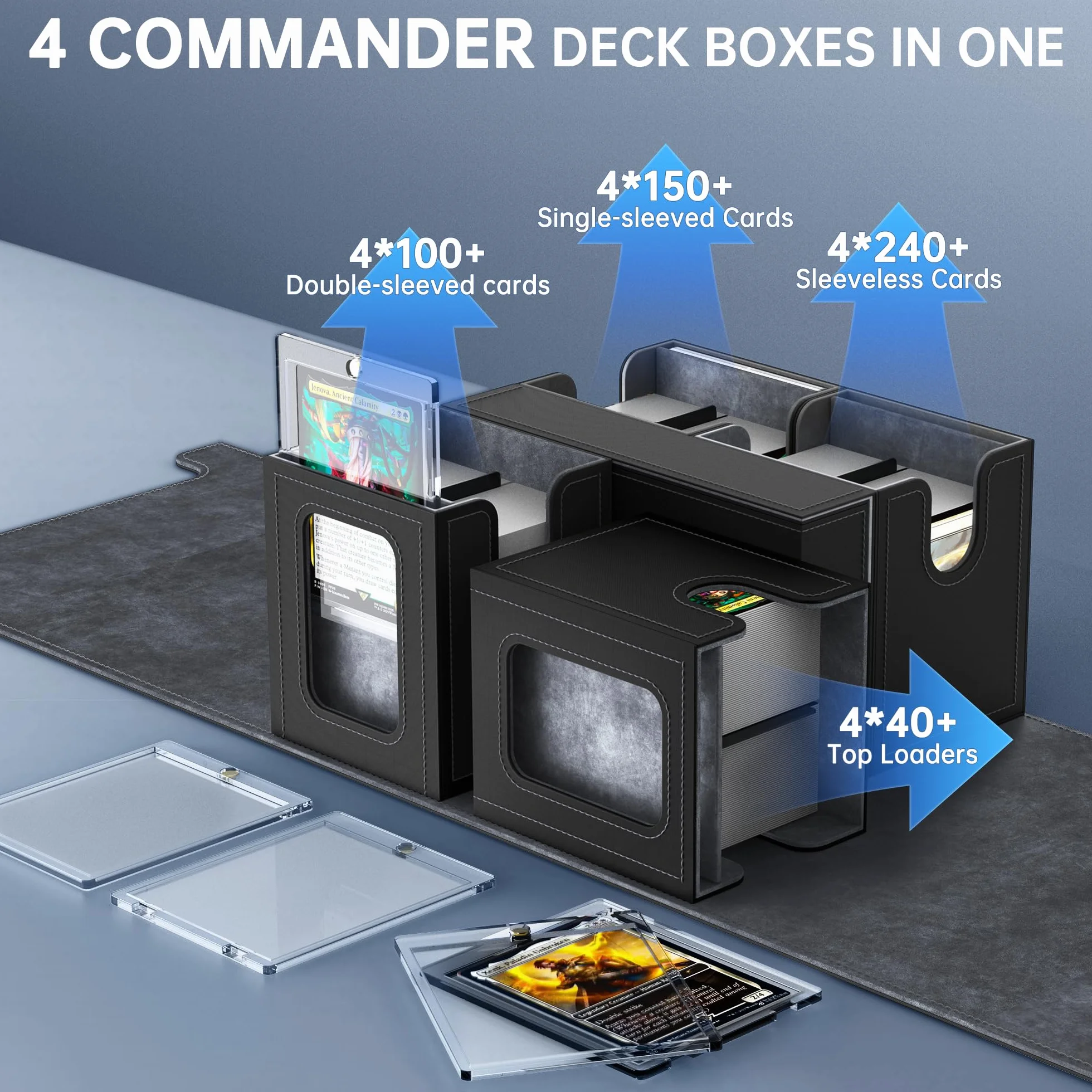 Commander Deck Box pour MTG, boîte de rangement 5 en 1 pour plus de 400 cartes avec fenêtre de visualisation, couvercle amovible, bac à dés, pochette pour cartes de sport TCG et PTCG (gris)