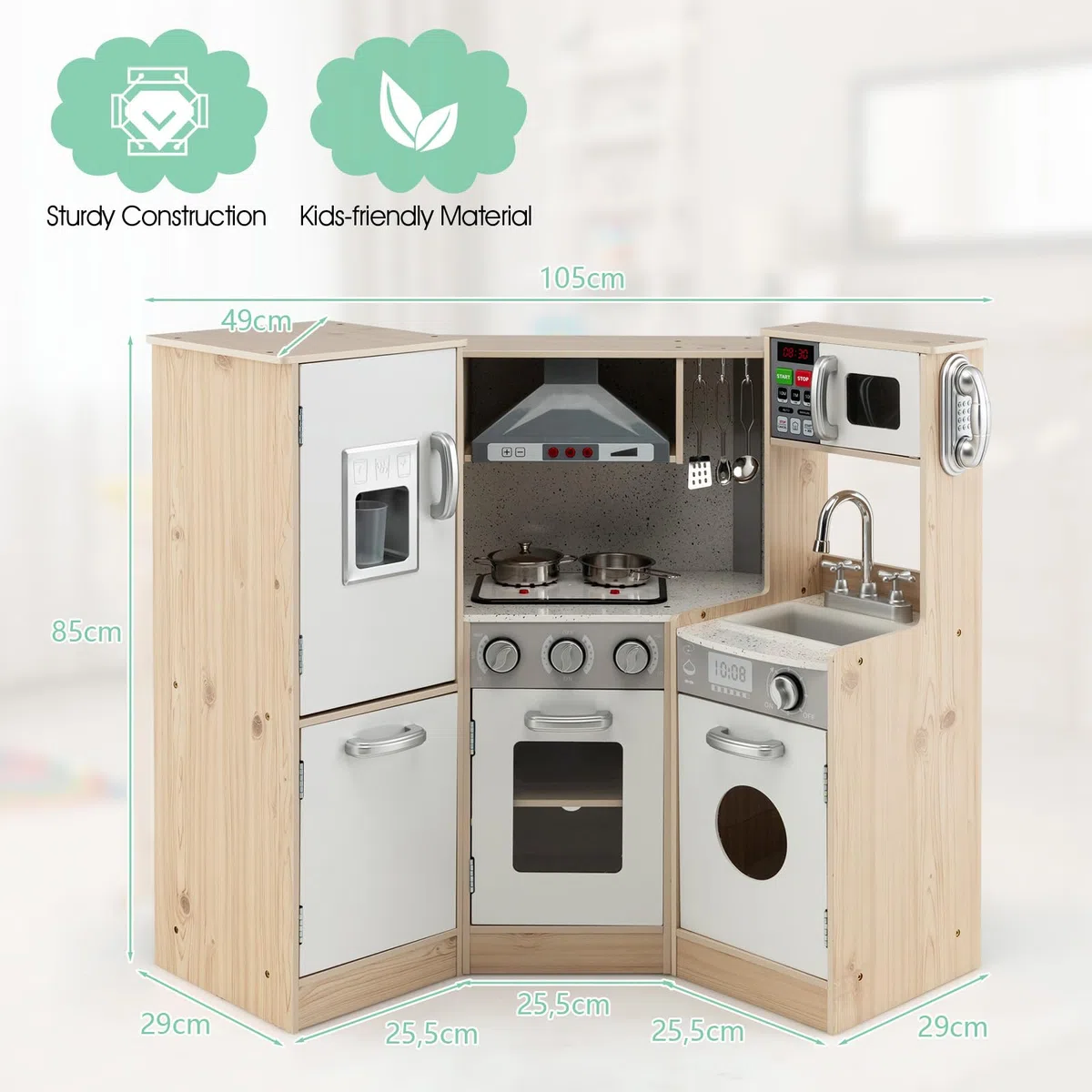 HOMASIS Cuisine pour Enfants en Bois avec Lumière et Son - Set de Jeu avec Lavabo, Cuisinière, Four et Accessoires - Cuisine d'Angle