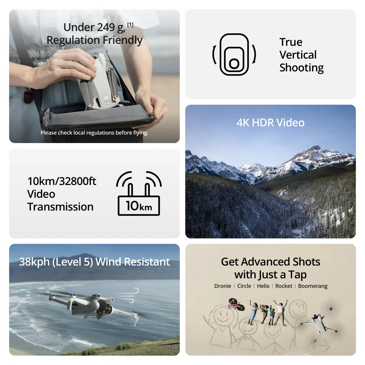 DJI Mini 3 – Mini drone caméra léger et pliable avec vidéo 4K HDR, temps de vol de 38 minutes, Prise verticale réelle et fonctions intelligentes | Vidéo 4K HDR, temps de vol de 38 minutes, transmission vidéo jusqu'à 10 km, prise de vue verticale, retour a
