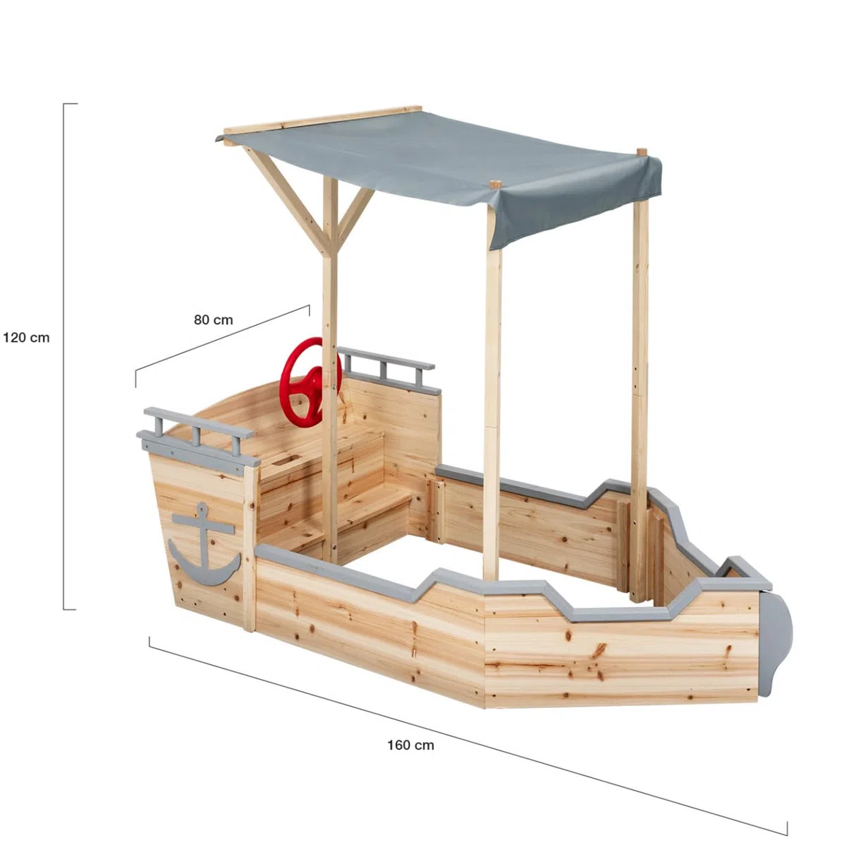 IDMarket - Bac à Sable World Bois Bateau de Pirate avec Banc Coffre et Toit Gris