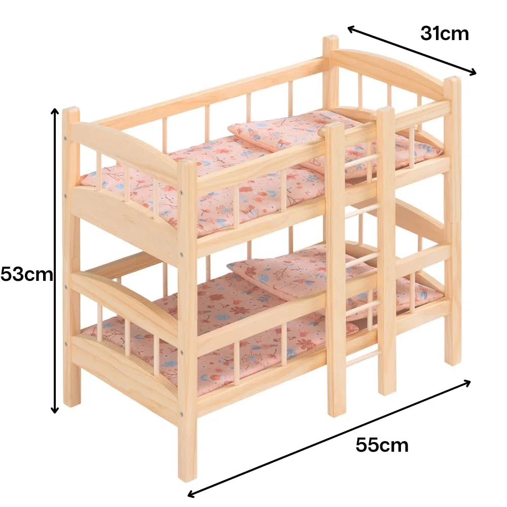 howa Miniflowers 2460 Lit superposé en bois pour poupée avec 2 literie, convient pour poupées jusqu'à 50 cm, avec échelle, divisible en 2 lits de poupée
