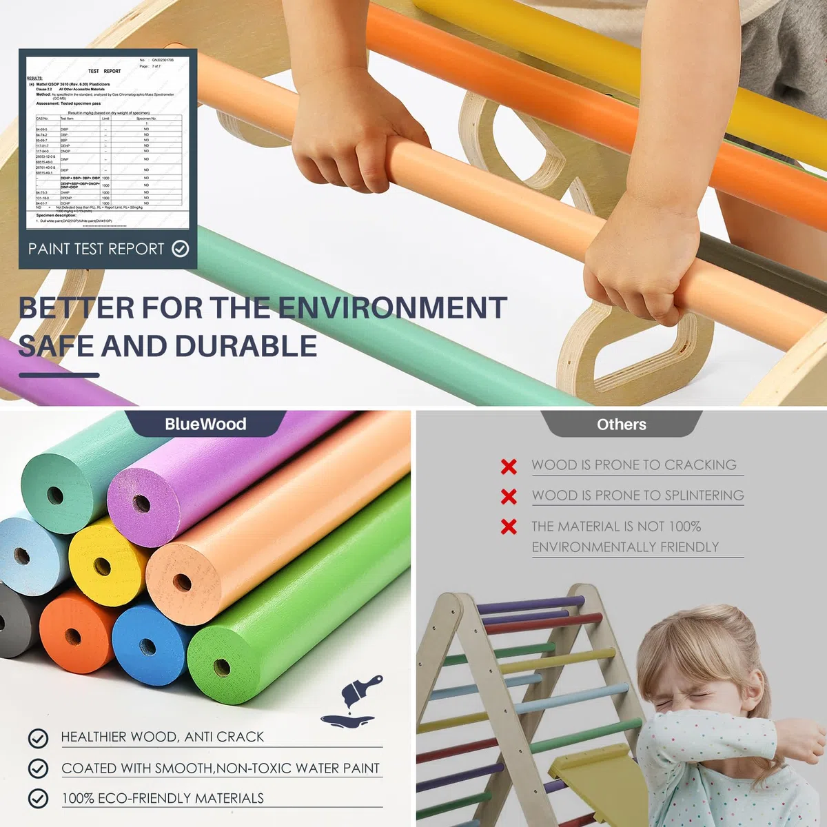BlueWood 7 en 1 Triangle d'escalade Montessori Enfants, Arc d'escalade Montessori en Bois Hêtre avec Toboggan & Échelle, Charge 50KG, pour Tout-Petits Bébé 1 Ans+(Arc-en-Ciel)