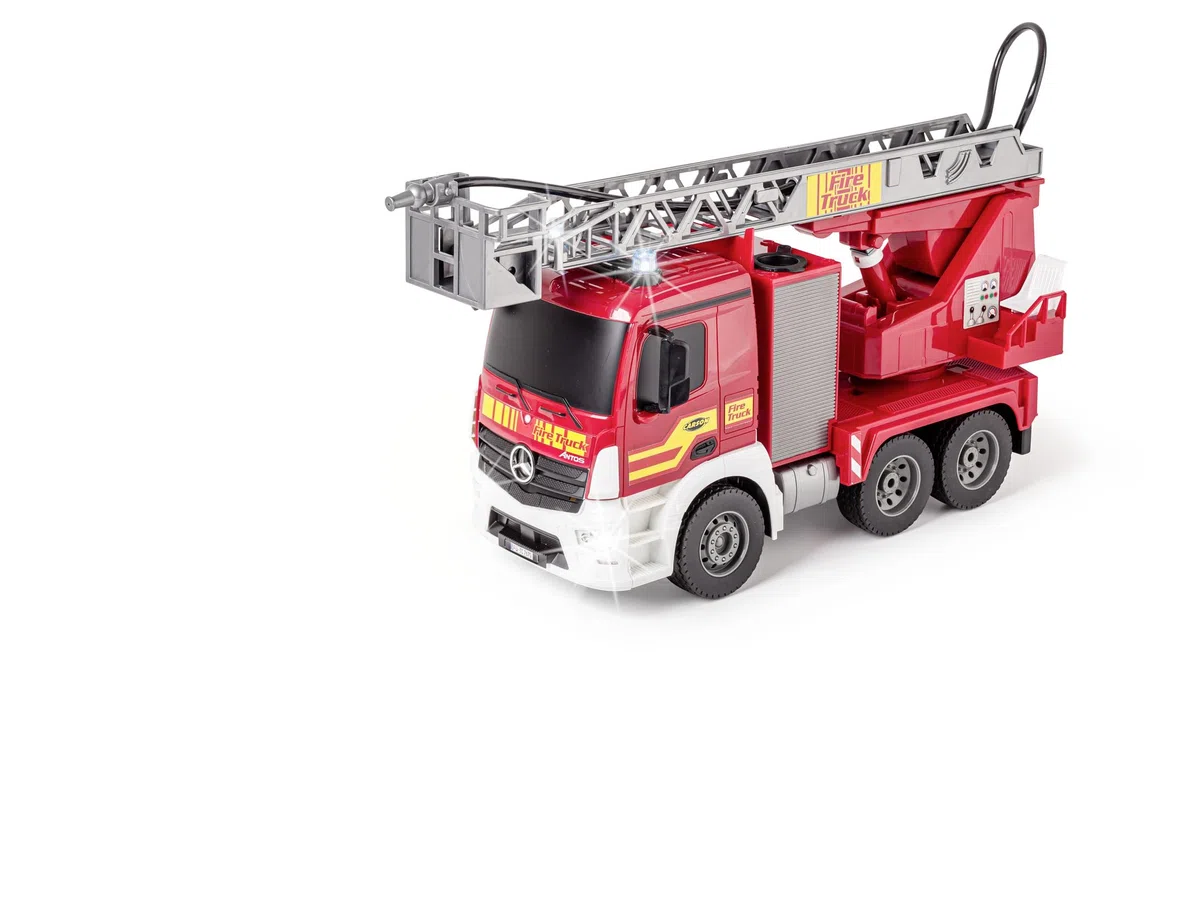 Carson 500907670 1:20 MB Pompiers avec échelle pivotante 100% RTR - Véhicule radiocommandé, Fonction Jet d'eau, Piles et radiocommande incluses, RC Pompiers