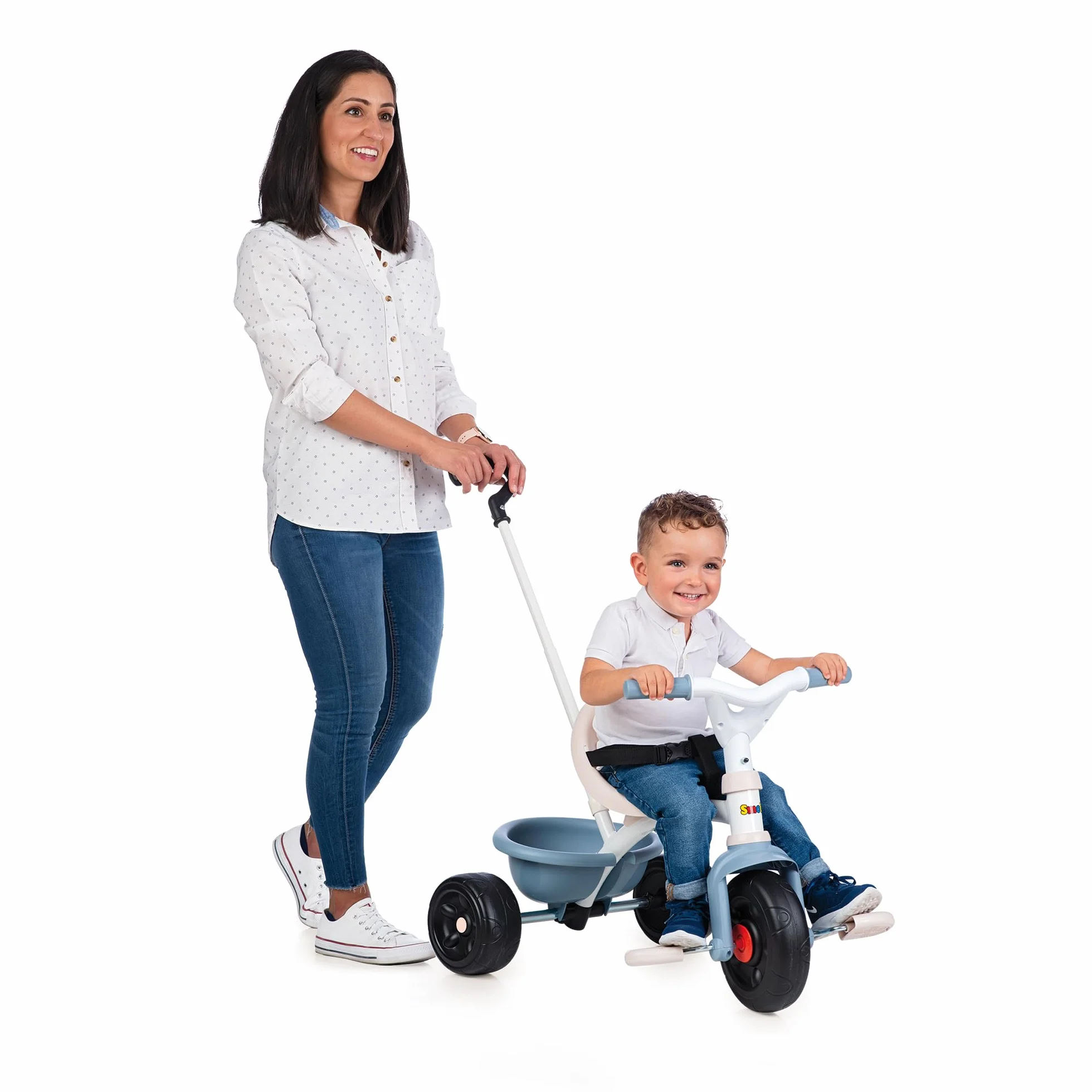 Smoby - Tricycle Be Fun Bleu - Canne Parentale Réglable Jusqu'à 95 cms et Amovible - Ceinture de Sécurité - A Partir de 15 Mois - Fabrication Espagnole