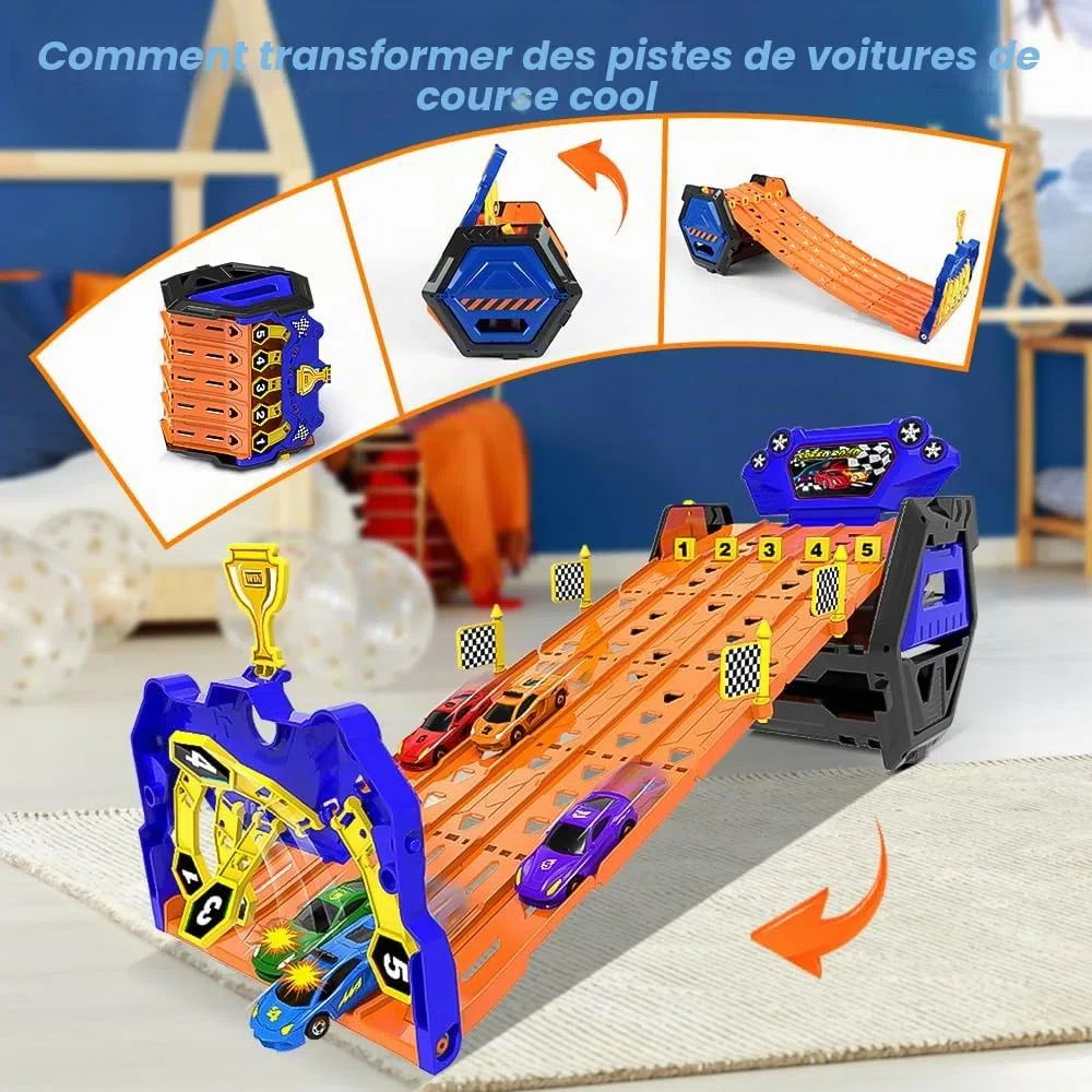 VATOS Camion de Transport Amélioré sur 5 Voies, Jouets Voitures pour Garçons Âgés de 3 4 5 6 7 8, Camion de Course Portable Jouet avec 5 Voitures, Ensemble de Camions Porte-Conteneurs pour Enfants