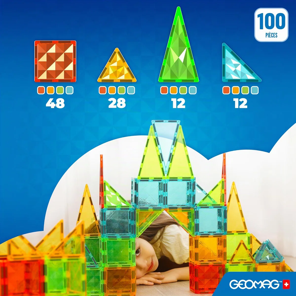 GEOMAG - Magnetic Tiles Gems 100 Pcs, Construction Magnetique Enfant, Tuiles et Bloc de Construction Magnétiques 4 Formes, Jeux Enfant 3 Ans +, Jeux Éducatifs Montessori STEM, Cadeau Noël Anniversaire