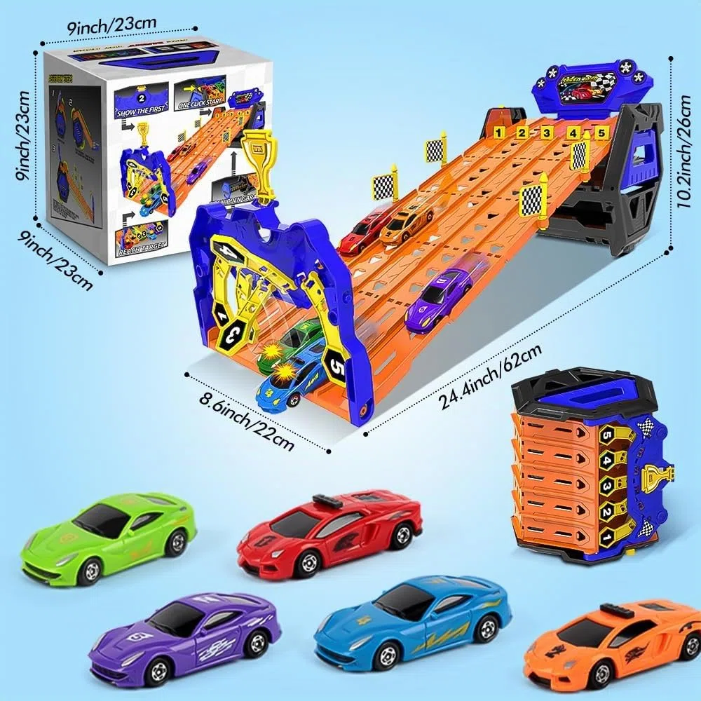 VATOS Camion de Transport Amélioré sur 5 Voies, Jouets Voitures pour Garçons Âgés de 3 4 5 6 7 8, Camion de Course Portable Jouet avec 5 Voitures, Ensemble de Camions Porte-Conteneurs pour Enfants